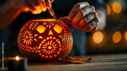 Creative Halloween Fun - Close-up of meticulous hands carving intricate design into pumpkin