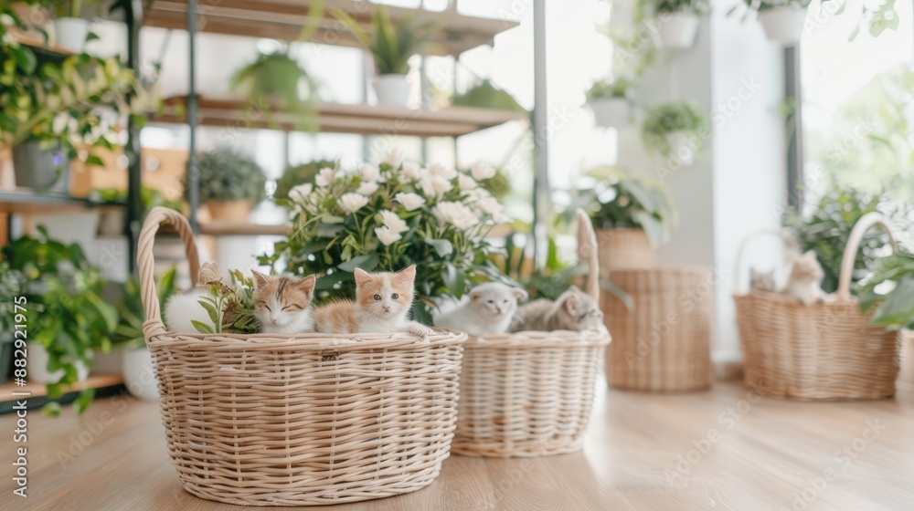 A veterinarian in blue scrubs and gloves examines a group of adorable kittens. One kitten sits in a wicker basket while the other three kittens stand on the table A veterinarian in blue scrubs and gloves examines a group of adorable kittens. One kitten sits in a wicker basket while the other three kittens stand on the table