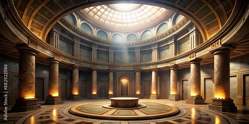 Obraz premium Captivating CG rendering of a circular ancient temple interior with dramatic lighting, ancient, temple, interior