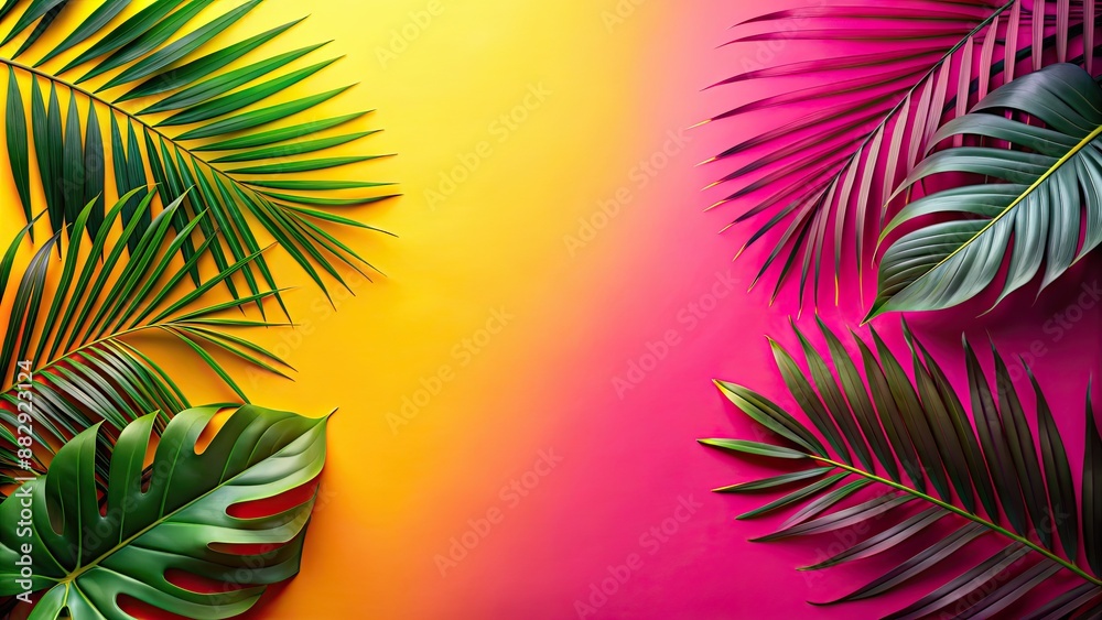 Bright tropical leaves on vibrant pink and yellow gradient background vertical, tropical, leaves, vibrant, pink, yellow Bright tropical leaves on vibrant pink and yellow gradient background vertical, tropical, leaves, vibrant, pink, yellow
