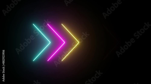 Multi colored neon single-line directional right arrow animation. signal icon. Moving arrow pointing to the right. Next or right direction arrow on black background