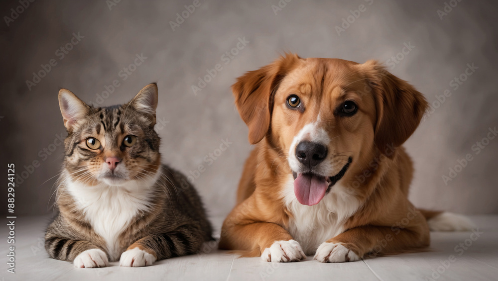 Brown and white dog and tabby cat are lying side-by-side on white surface in front of gray background. Animals companion Brown and white dog and tabby cat are lying side-by-side on white surface in front of gray background. Animals companion