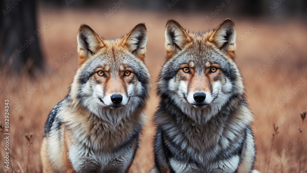 Fototapeta premium Two gray wolves stand in forest during day, facing camera. Looking directly at viewer. Wild animals