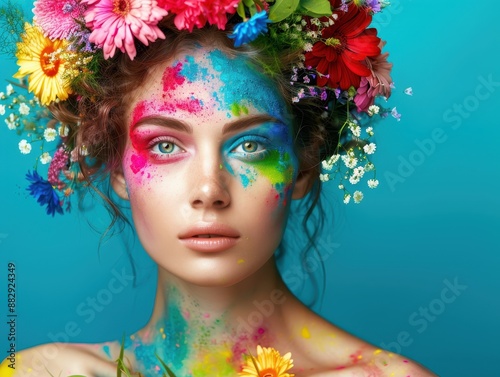 Vibrant Portrait of a Woman with Colorful Face Paint and Floral Headpiece Against Blue Background photo