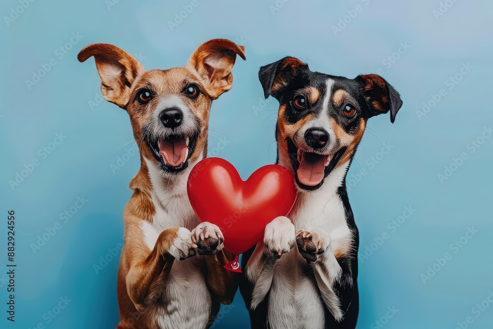 Two cute dogs hold artificial red heart. Conceptual photo of blood donation for animals, veterinary, blood transfusion, pet insurance, pet medicine. Two cute dogs hold artificial red heart. Conceptual photo of blood donation for animals, veterinary, blood transfusion, pet insurance, pet medicine.