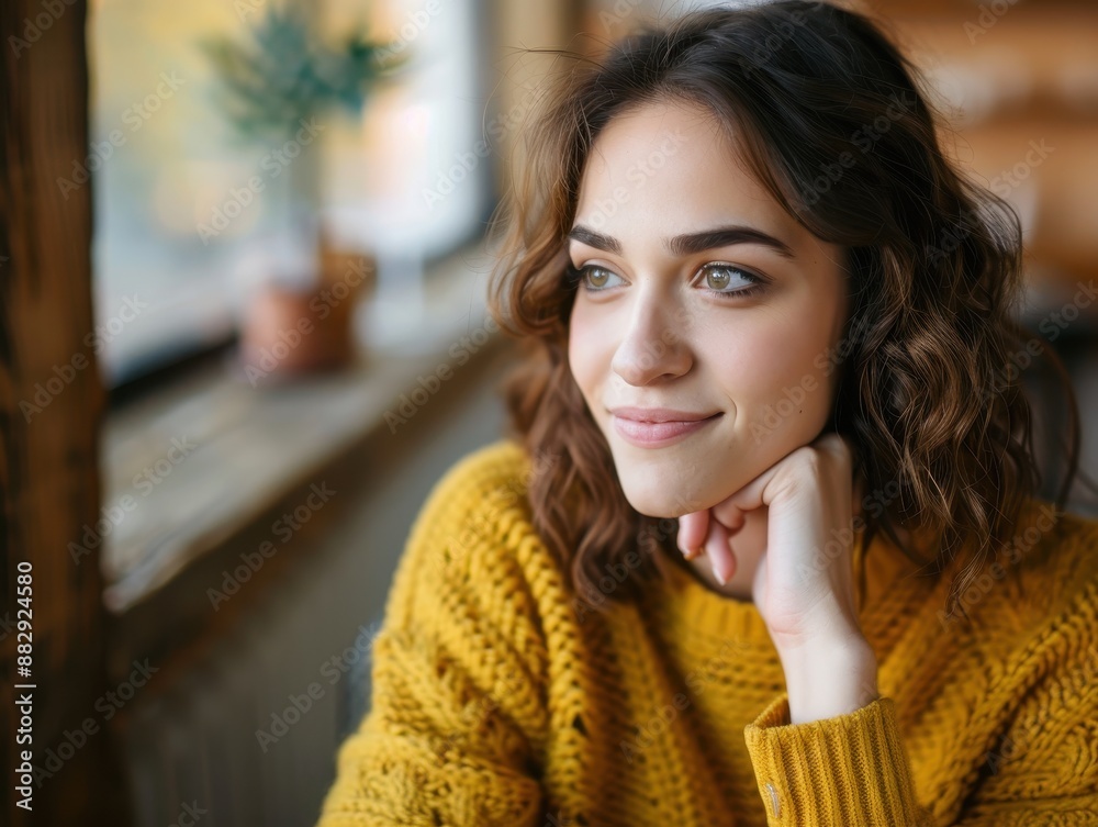 Young Woman in Cozy Yellow Sweater Smiling and Looking Out the Window in a Bright, Modern Cafe Young Woman in Cozy Yellow Sweater Smiling and Looking Out the Window in a Bright, Modern Cafe