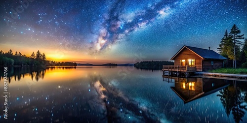 Fototapeta Naklejka Na Ścianę i Meble -  Cabin on the shore of a calm lake with starry night sky reflected on the water , cabin, shore, lake, night, stars, reflection