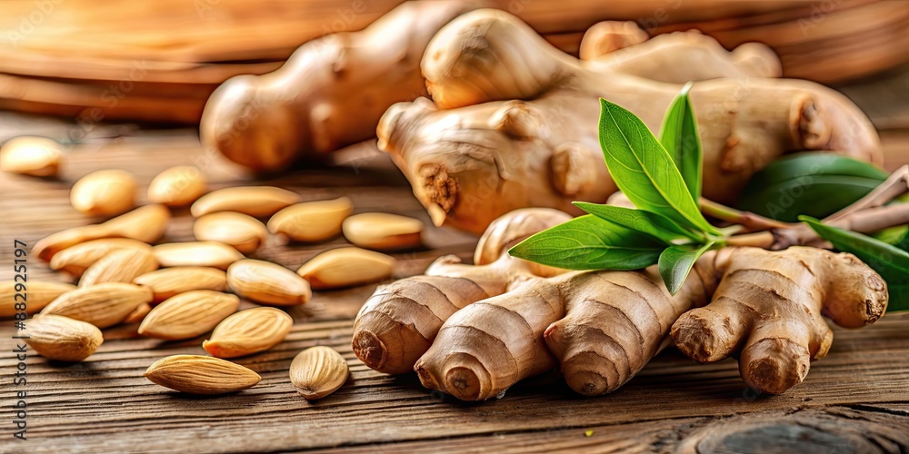 Fototapeta premium Close-up of fresh ginger root and almonds, rich in vitamins and minerals to boost immunity , ginger root, almonds, cinnamon