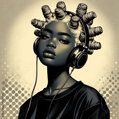 African American girl with a Bantu Knots  hairstyle  in an black t-shirt listening to music