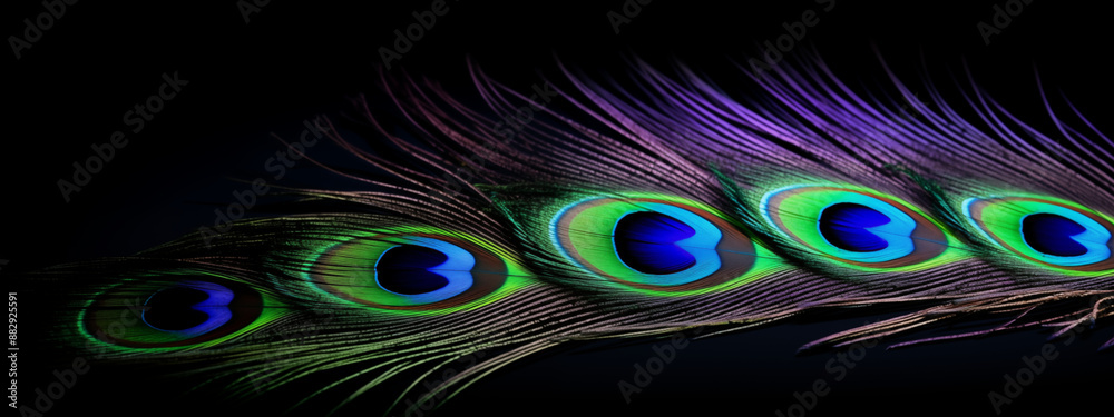 Obraz premium Multiple Peacock Feathers in a Dark Background Displaying Vibrant Colors