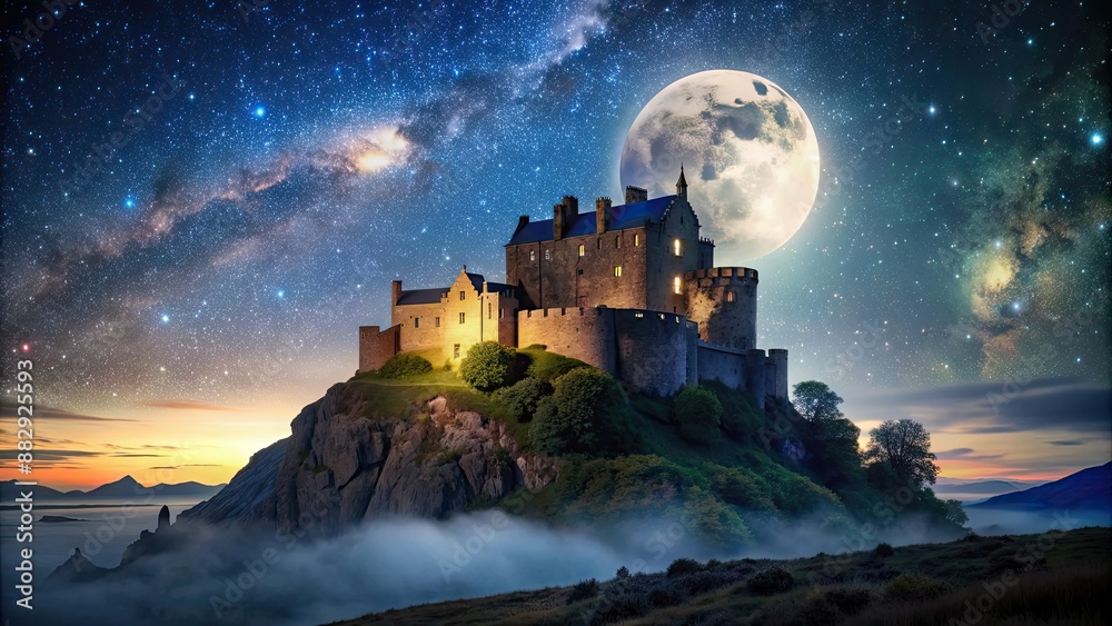Castle illuminated under the moonlight with a starry sky in the background, night, castle, illuminated, moonlight Castle illuminated under the moonlight with a starry sky in the background, night, castle, illuminated, moonlight
