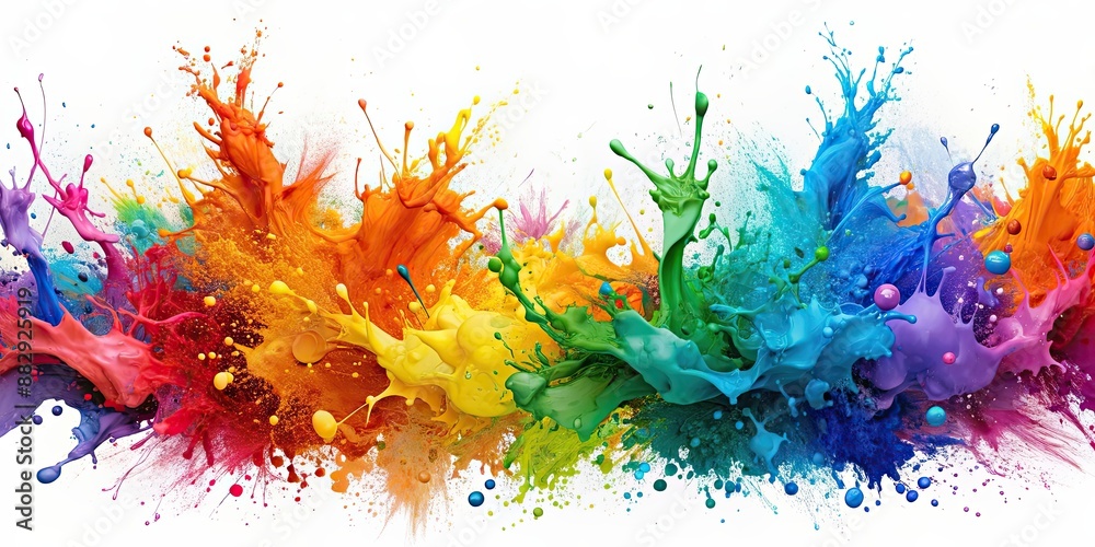 Colorful abstract paint splashes on white background, vibrant, artistic, dynamic, energetic, vivid, creative, expressive