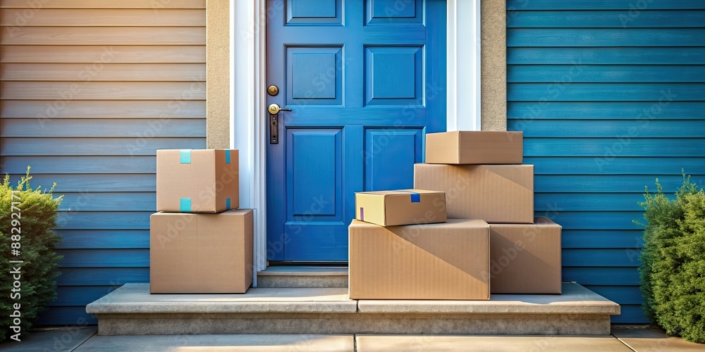 Cardboard boxes stacked on front steps of house with blue door and warm lighting, delivery, doorstep, packages
