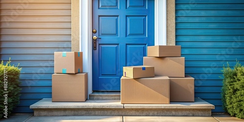 Obraz na płótnie Cardboard boxes stacked on front steps of house with blue door and warm lighting, delivery, doorstep, packages w salonie