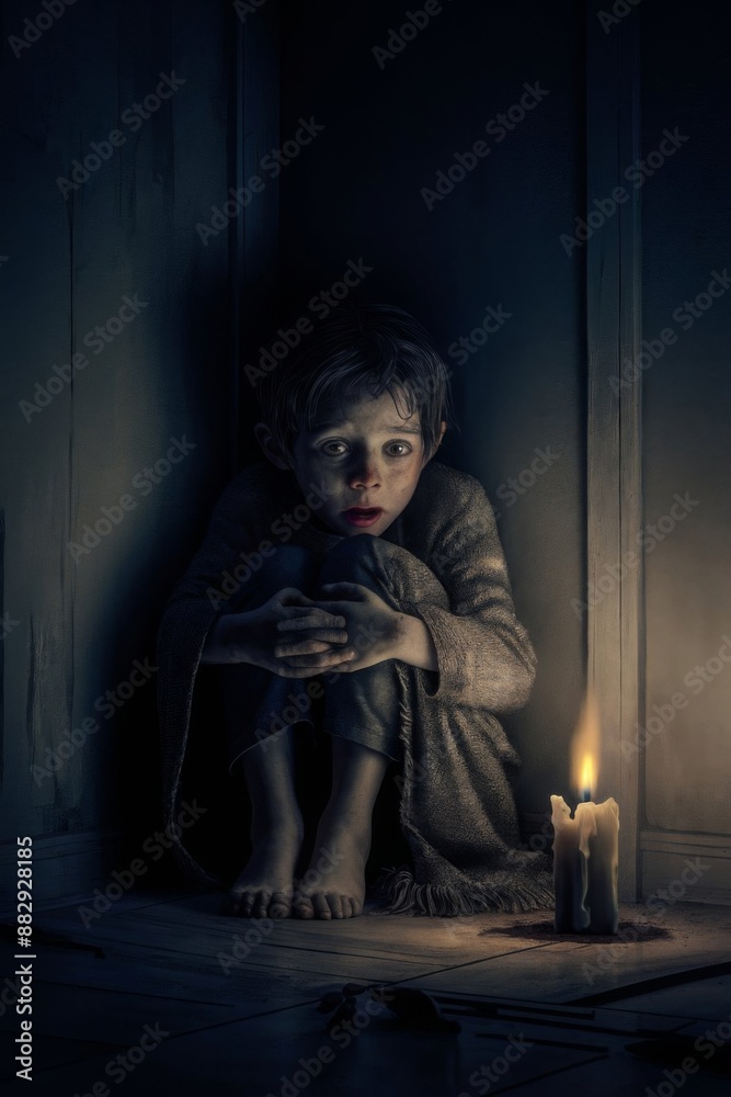 A young boy, huddled in fear in the corner of a dimly lit. The boy's face revealing terror. his hands are clasped tightly around his knees. fantasy, fashion, poster, illustration, 3d A young boy, huddled in fear in the corner of a dimly lit. The boy's face revealing terror. his hands are clasped tightly around his knees. fantasy, fashion, poster, illustration, 3d