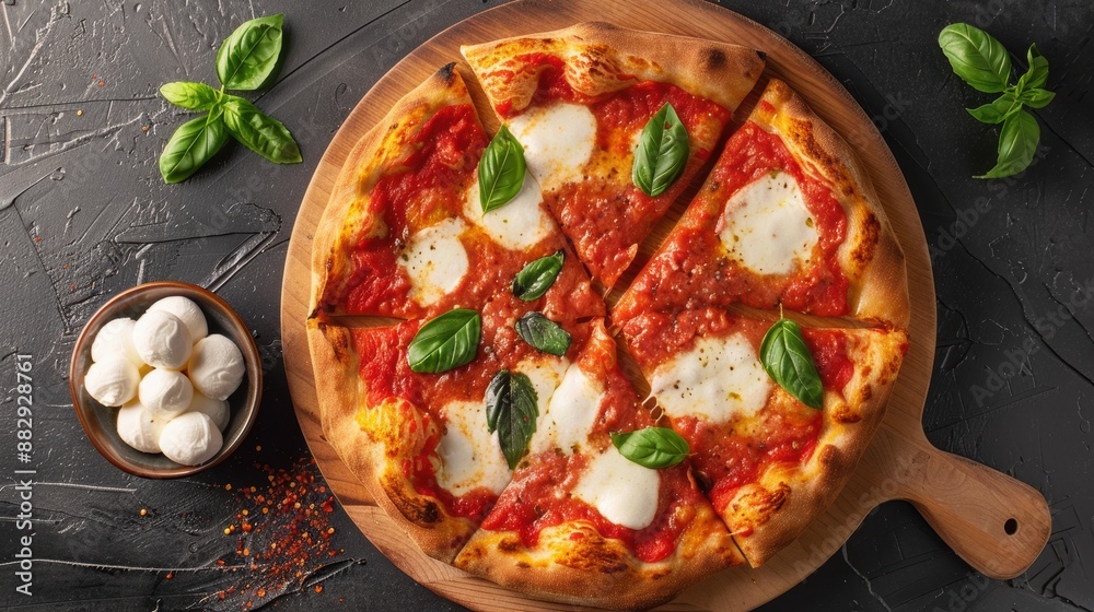 Pizza Margherita on black stone background. Classic Italian Pizza Margarita with Tomato sause, Basil and Mozzarella Cheese Pizza Margherita on black stone background. Classic Italian Pizza Margarita with Tomato sause, Basil and Mozzarella Cheese
