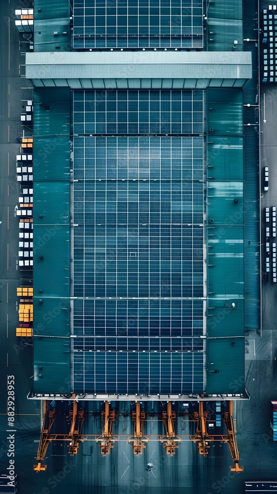 Eco friendly Warehouse with Solar Panels on the Roof Emphasizing Sustainable Logistics