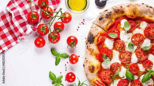 Ingredients for cooking pizza, tomatoes cheese and basil