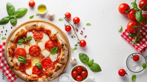 Ingredients for cooking pizza, tomatoes cheese and basil