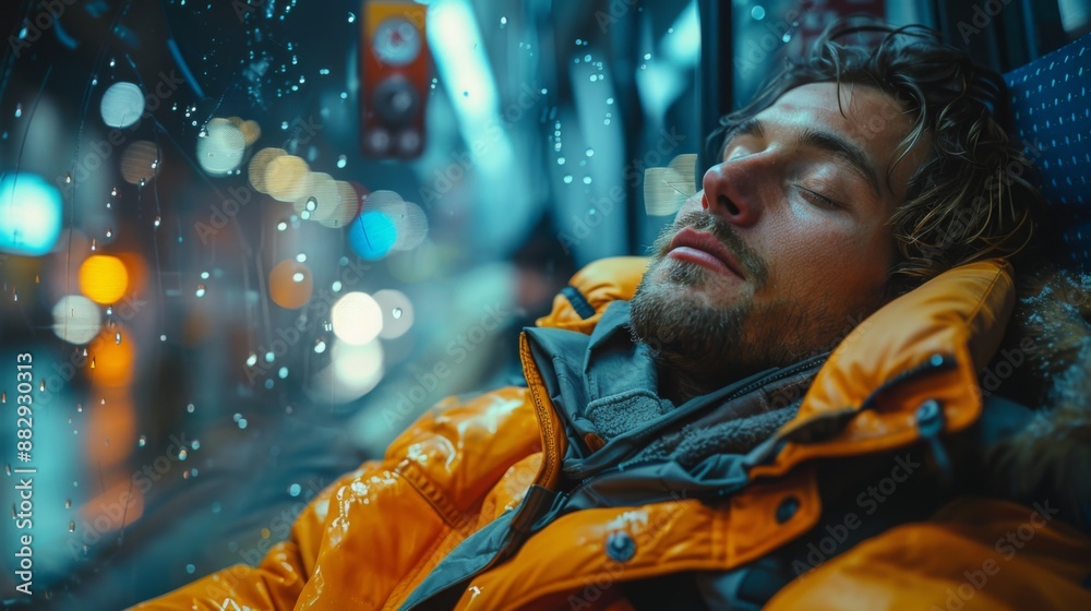 man in the city, Tired man Sleeping on public transport or buses in winter man in the city, Tired man Sleeping on public transport or buses in winter