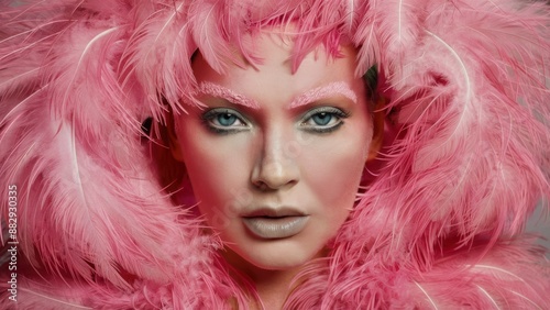A woman with a pink feathery dress and makeup on her face, AI