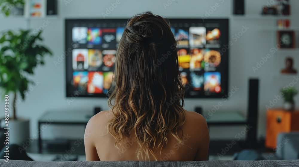 Woman browsing streaming service menu on large TV screen in cozy living room. Concept of home entertainment, media consumption, and digital lifestyle. Woman browsing streaming service menu on large TV screen in cozy living room. Concept of home entertainment, media consumption, and digital lifestyle.