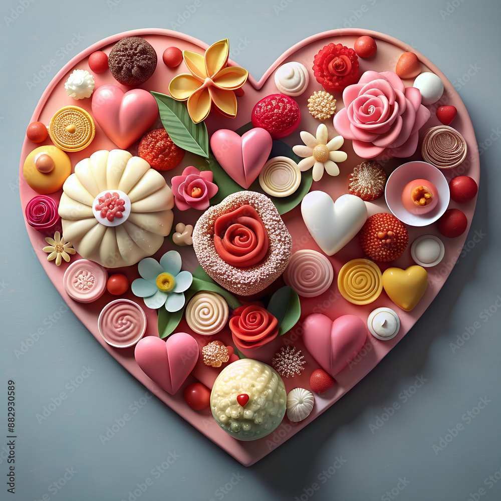 The image features a heart-shaped arrangement of various desserts and sweet items, including cakes, cookies, and flowers The image features a heart-shaped arrangement of various desserts and sweet items, including cakes, cookies, and flowers