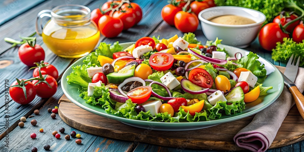 Colorful artistic salad with fresh ingredients and dressing drizzled on top , salad, colorful, artistic, fresh, ingredients Colorful artistic salad with fresh ingredients and dressing drizzled on top , salad, colorful, artistic, fresh, ingredients