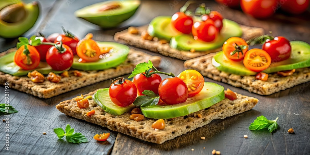 Close-up of healthy whole grain crackers topped with avocado and cherry tomatoes Close-up of healthy whole grain crackers topped with avocado and cherry tomatoes