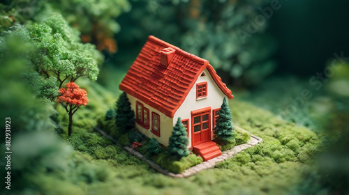 A miniature house with a red roof against a background of green forest. The concept of country life, real estate, privacy, family hearth, toy house. AI generated