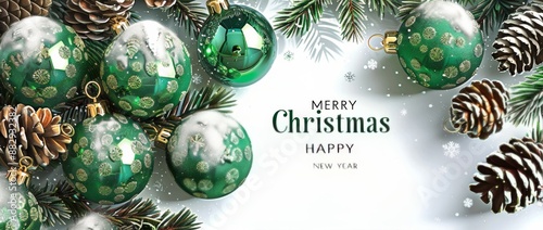 Green And Silver Christmas Ornaments With Pine Branches On White Background