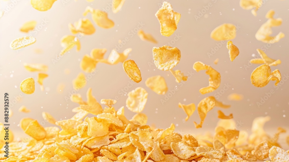Obraz premium beige background, corn flakes can be seen falling from above. The dark backdrop emphasizes the gold flecks. Create striking visual effects, capturing the movement and texture of grains.