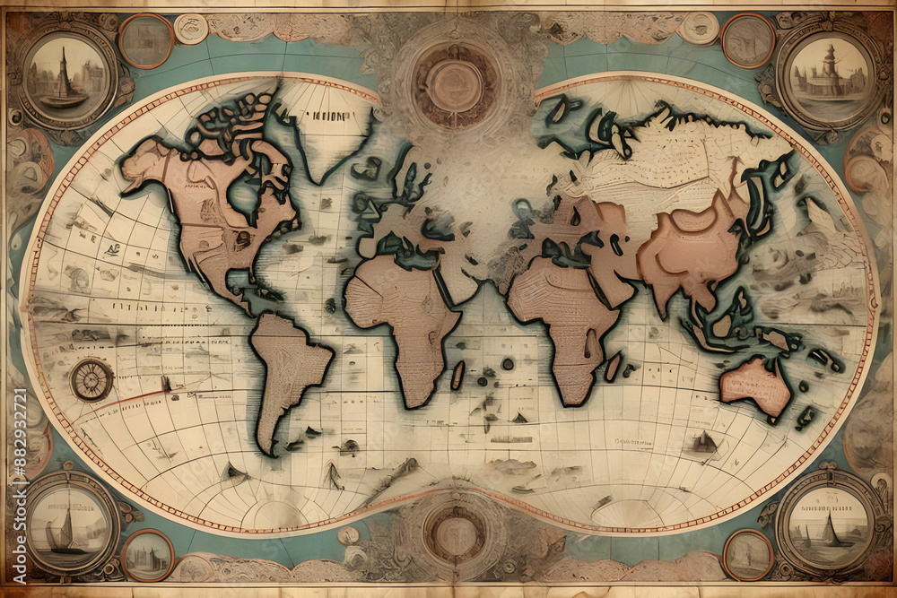 Naklejka premium Old world map (Generative AI)