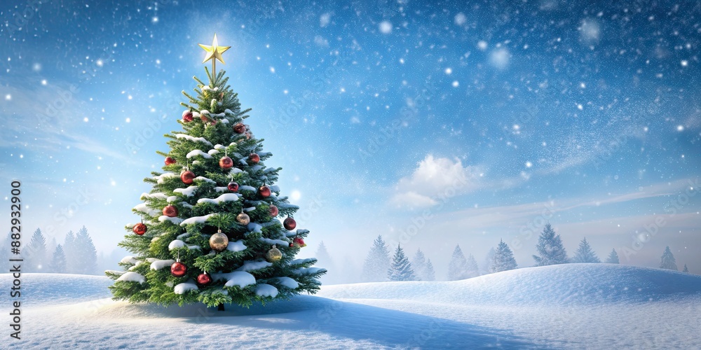 Christmas tree standing in a blanket of fresh snow, winter, holiday, festive, pine, decorations, cold, snowy, white Christmas tree standing in a blanket of fresh snow, winter, holiday, festive, pine, decorations, cold, snowy, white