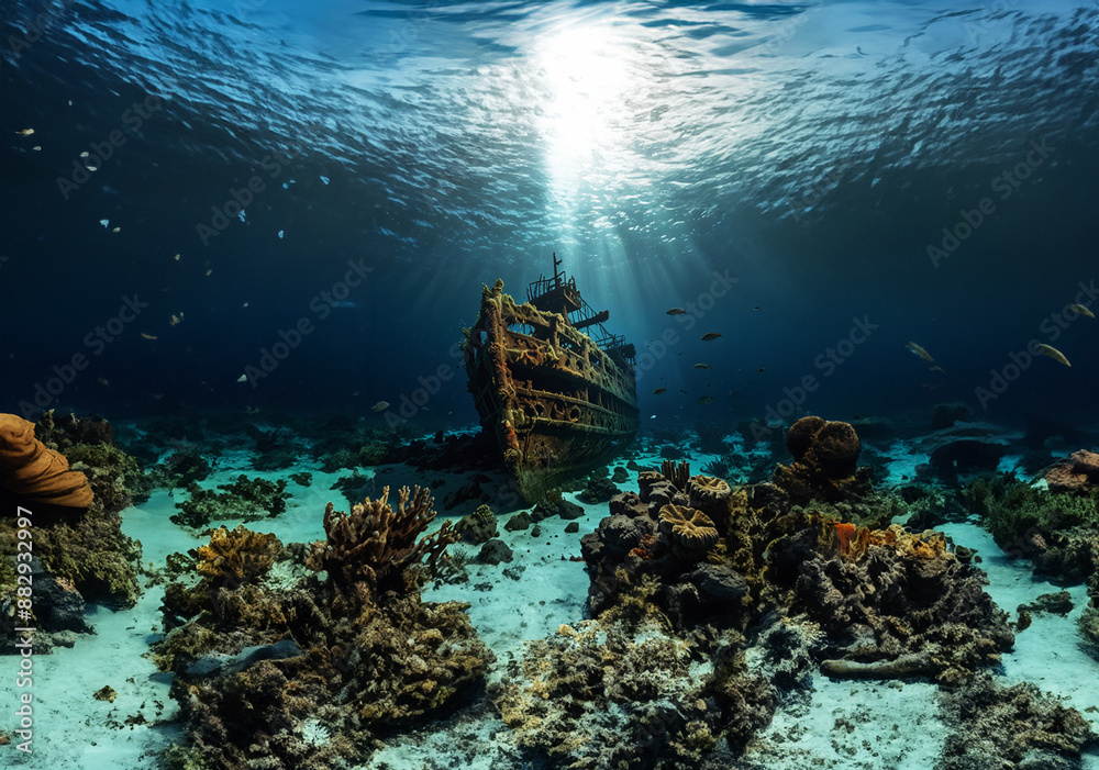 Fototapeta premium A sunken ship surrounded by seaweed.