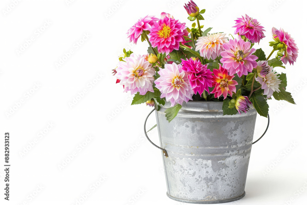 Elegant autumn potted plant in huge collections of flowers, galvanized metal bucket with a cluster of blooming dahlias, isolated white background, leave plentiful space... Elegant autumn potted plant in huge collections of flowers, galvanized metal bucket with a cluster of blooming dahlias, isolated white background, leave plentiful space...