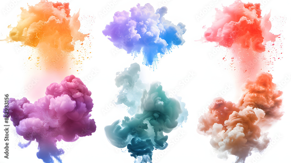 Fototapeta premium Set of colorful smoke explosions and blasts isolated on white background.