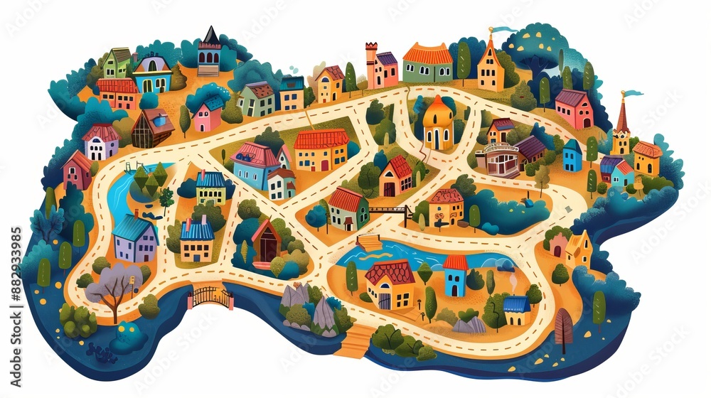 Naklejka premium Colorful Illustration of a Town on an Island
