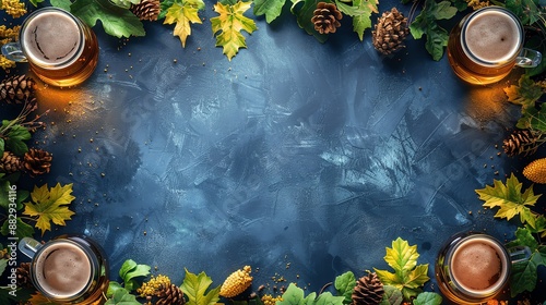 Autumnal beer background with leaves, cones and copy space