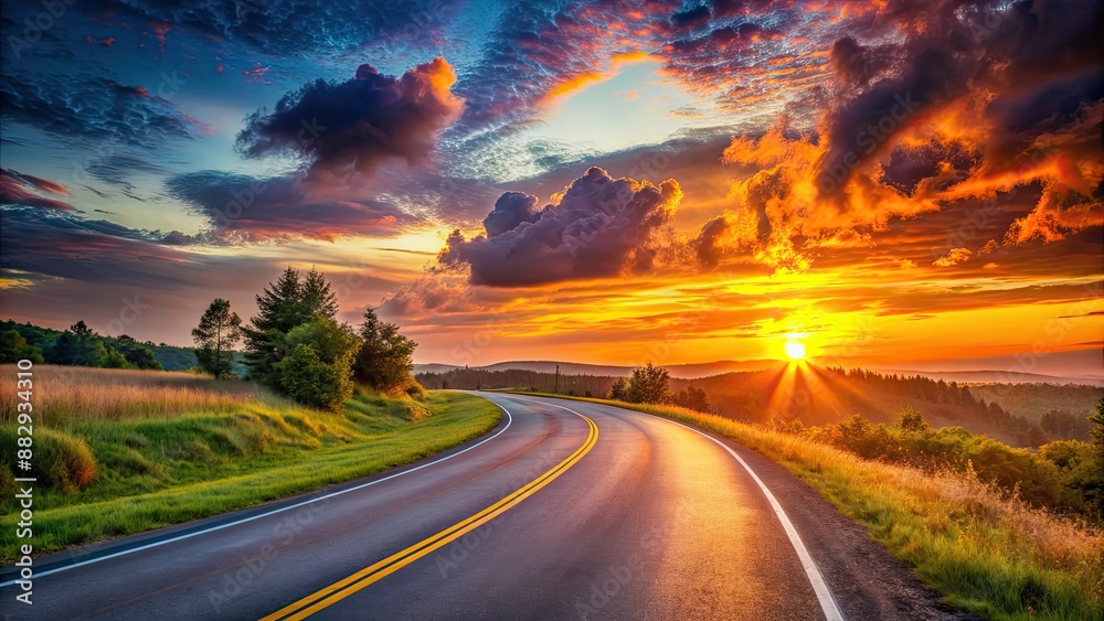 Naklejka premium Beautiful sunset casting warm colors over a winding road , sunset, road, evening, dusk, orange sky, scenic, tranquil