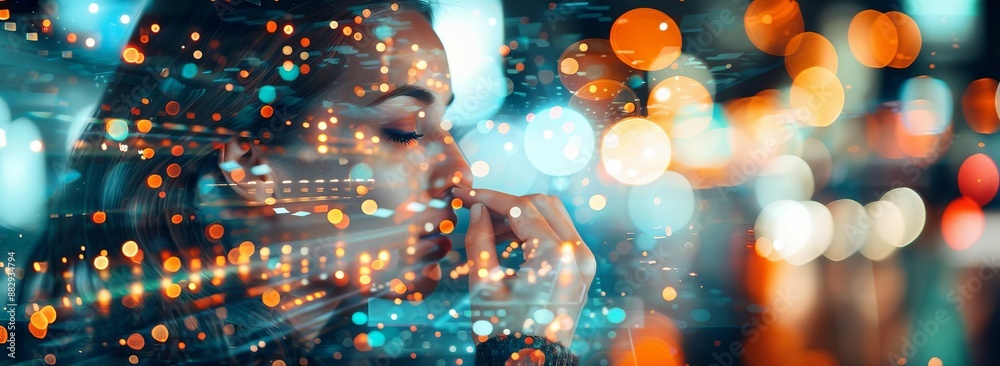 Abstract image of a person in deep thought with colorful, blurred city lights in the background, suggesting reflection and mindfulness. Abstract image of a person in deep thought with colorful, blurred city lights in the background, suggesting reflection and mindfulness.