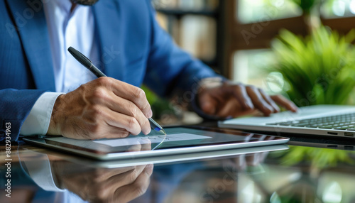 A man in formal attire is typing on a tablet computer and simultaneously working on a laptop