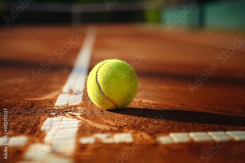 Tennis ball resting on clay court on sunny day