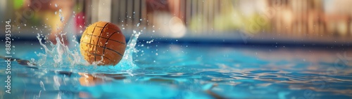 Orange water polo ball splashing in a refreshing swimming pool