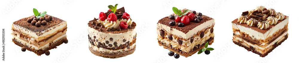 Fototapeta premium Assorted tiramisu desserts with berries and chocolate indulgent treat transparent background