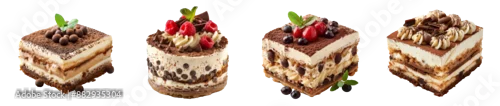 Obraz  z motywem Assorted tiramisu desserts with berries and chocolate indulgent treat transparent background