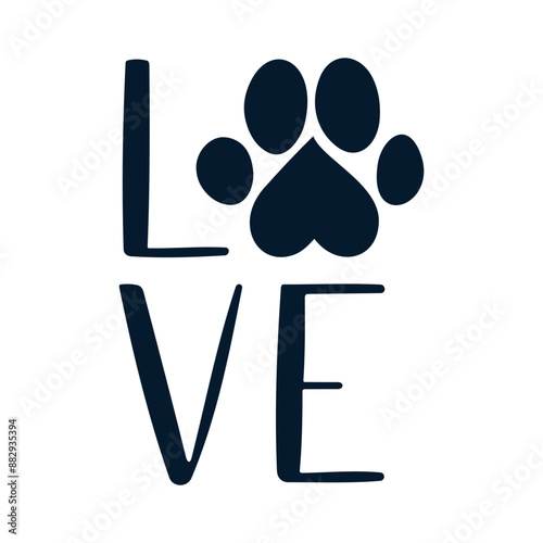 The word love, animal paw. Vector linear icon isolated on white background.