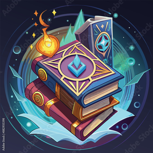 Ancient, mystical spell books with glowing runes and mysterious symbols.