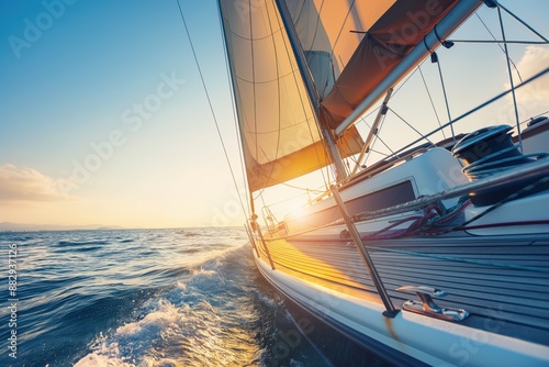 Photo of a sailing yacht on the sea, taken from the deck of the boat and looking to the bow with the sail billowing in wind. Suitable for travel or adventure concepts.