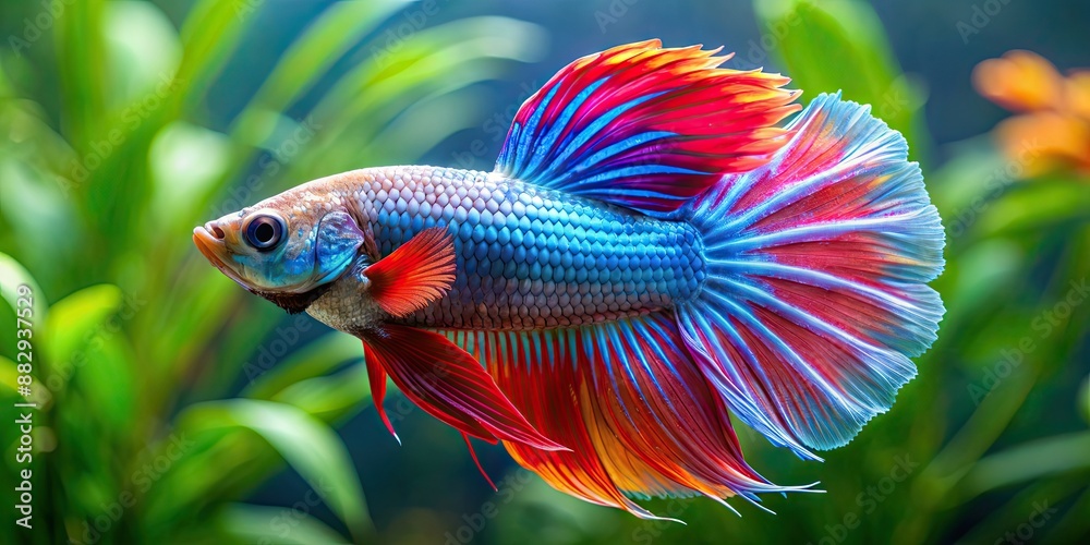 Betta splendens fish with flowing colorful fins in an aquarium, tropical, freshwater, beautiful, vibrant Betta splendens fish with flowing colorful fins in an aquarium, tropical, freshwater, beautiful, vibrant